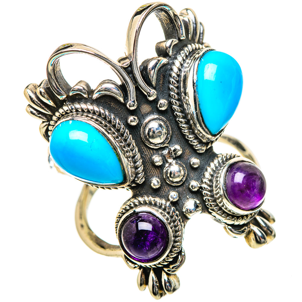 Sterling silver ring with large turquoise teardrop stones and purple amethyst accents