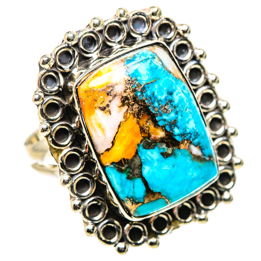 Sterling silver ring featuring a rectangular turquoise spiny oyster cabochon with gold accents