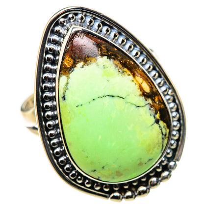 925 sterling silver ring with large teardrop lemon chrysoprase centerpiece, beaded oval setting