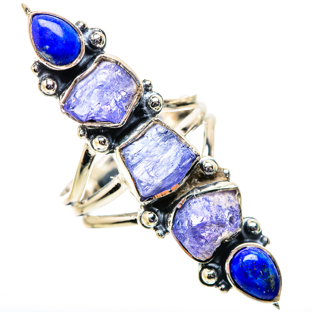 Sterling silver rough gemstone ring with purple square stones and blue oval cabochons