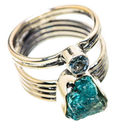 Sterling silver multi-band ring with blue topaz round and rough apatite cluster