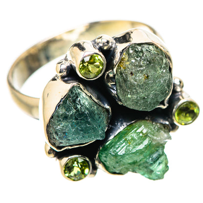 Rough green gemstone cluster ring in polished sterling silver with round green accents