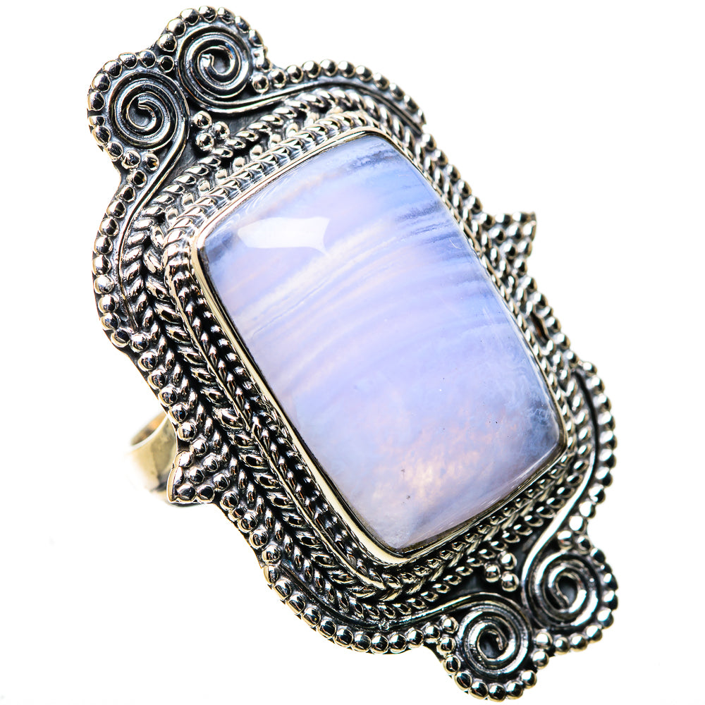 925 sterling silver ring with ornate frame and rectangular light blue-lavender stone