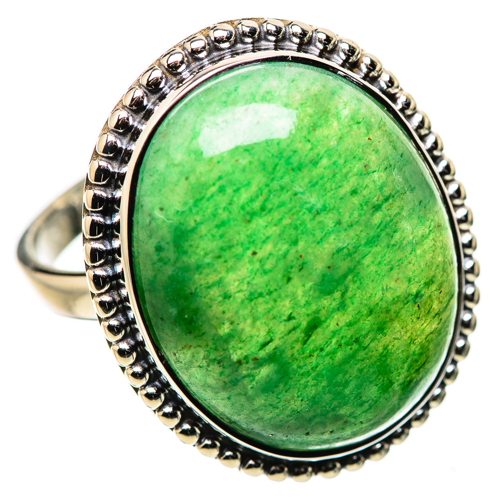 Size 9 oval green aventurine cabochon ring with silver beaded edge