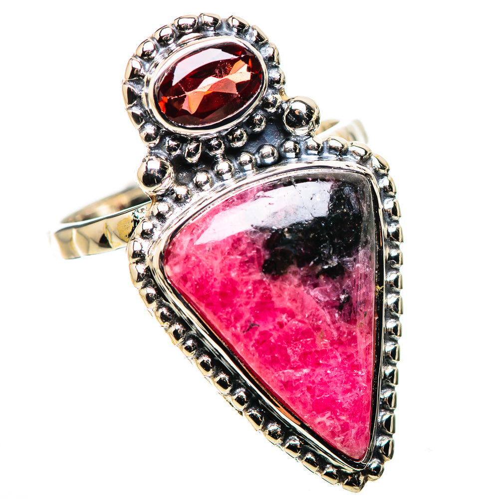 Sterling silver ring with pink rhodonite triangle, red garnet oval, ornate bead setting