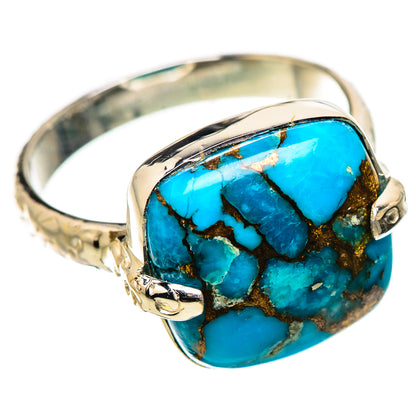 Sterling silver turquoise cabochon ring, blue oval stone with gold-toned matrix