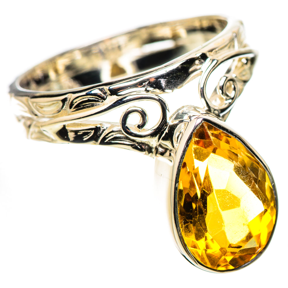Sterling silver citrine ring, size 8, teardrop yellow gemstone in ornate setting