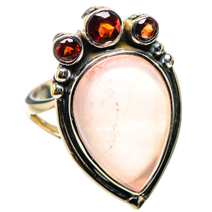 Sterling silver teardrop ring with pink rose quartz and three garnet accents