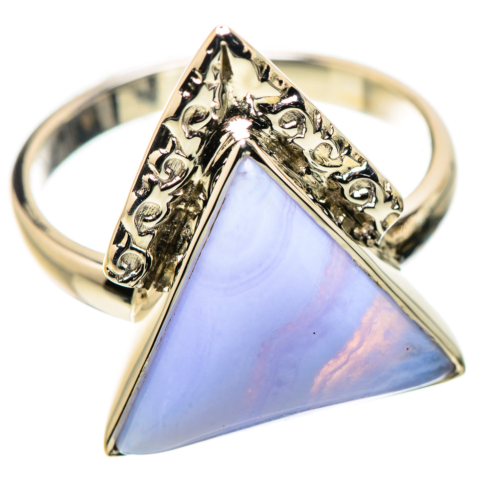 Triangular blue lace agate 925 sterling silver ring with embossed metal sides