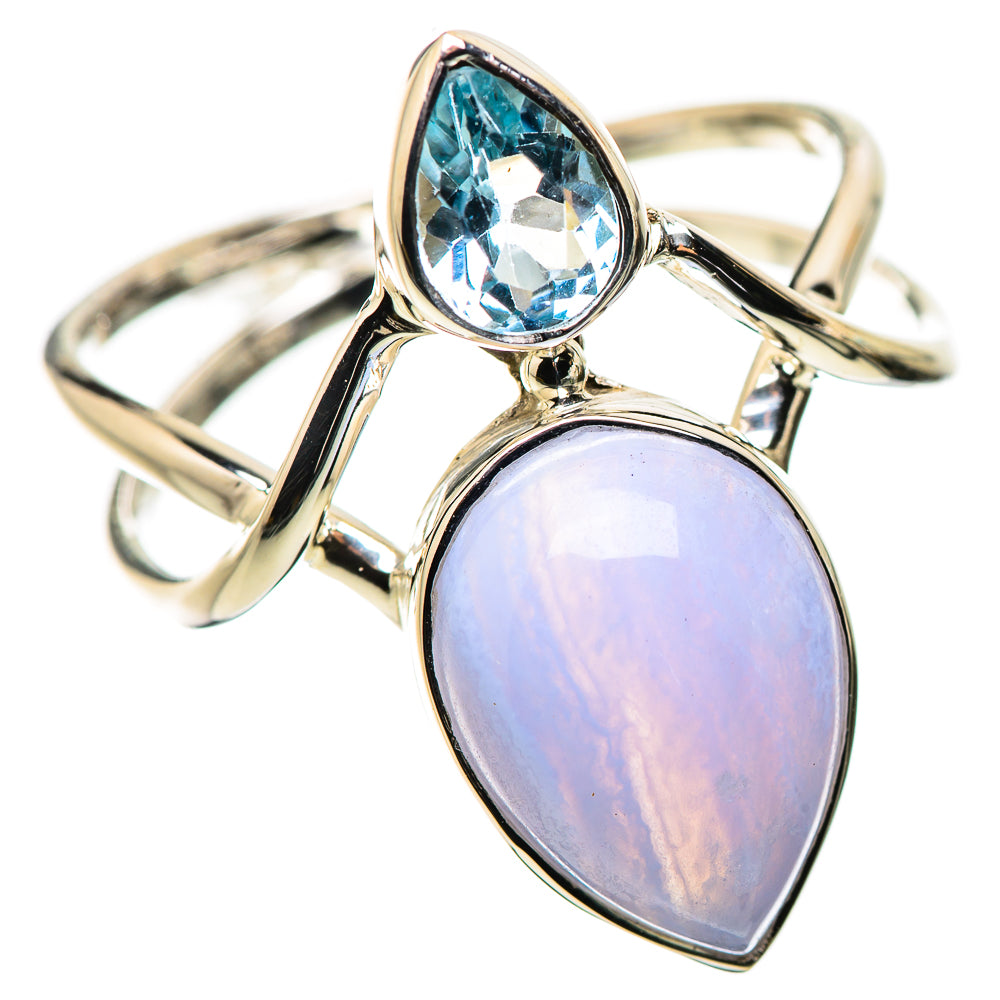 Sterling silver ring with oval light purple lace agate and blue topaz pear