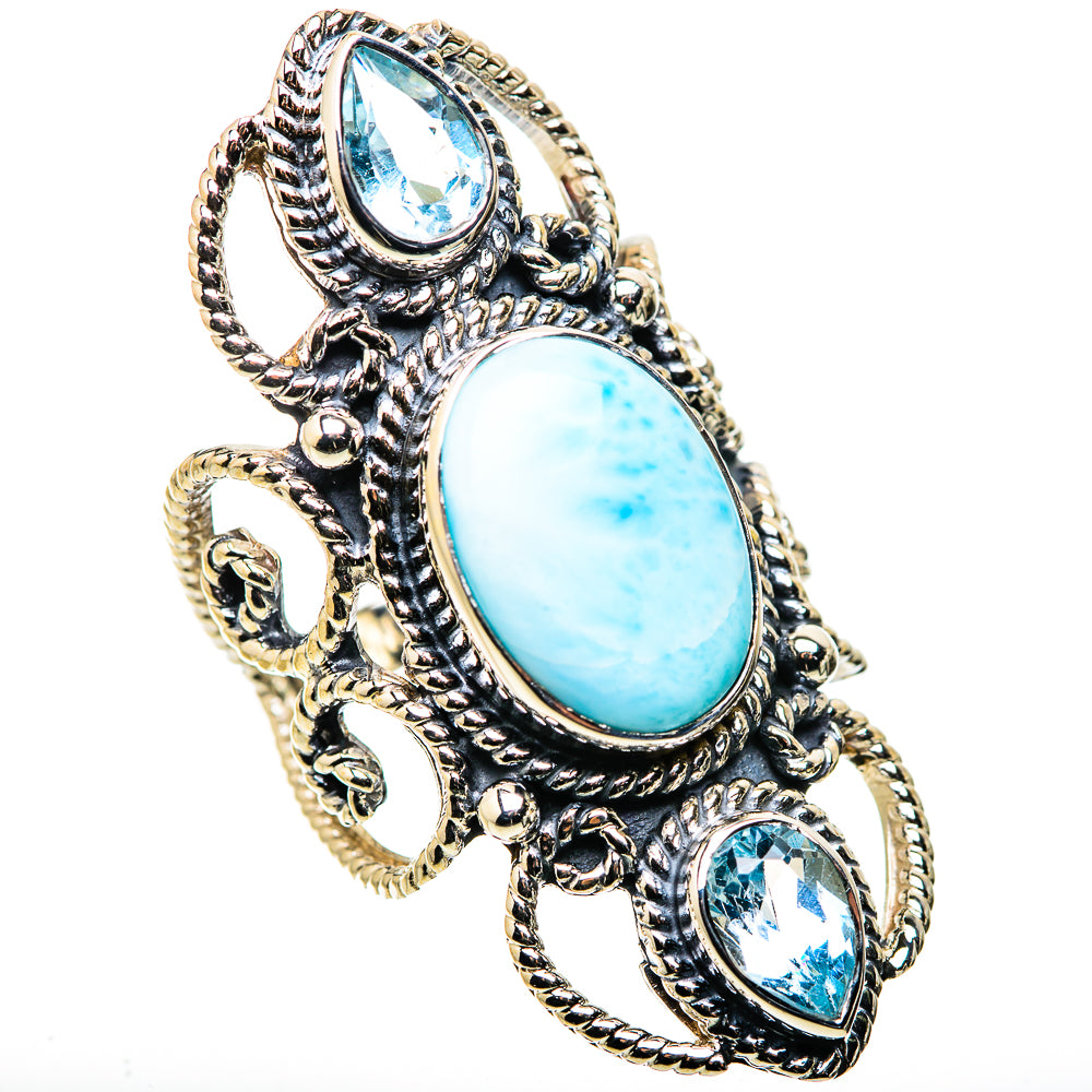 Oval larimar-style cabochon ring with blue stones, ornate 925 silver filigree setting
