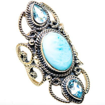 Oval larimar-style cabochon ring with blue stones, ornate 925 silver filigree setting