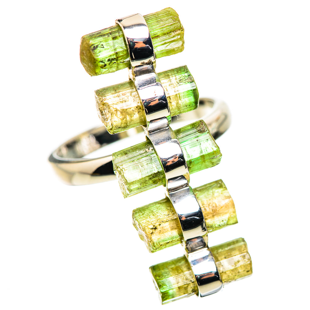 Sterling silver tourmaline ring with green baguette gemstone blocks and polished band