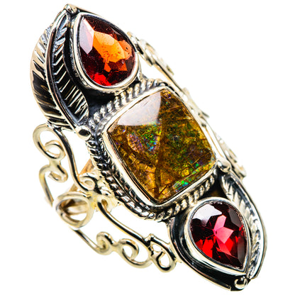 925 sterling silver ring with ammolite center and red garnet teardrop stones, size 7.5