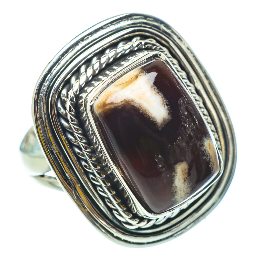 Sterling silver ring with angled dark jasper cabochon and braided border