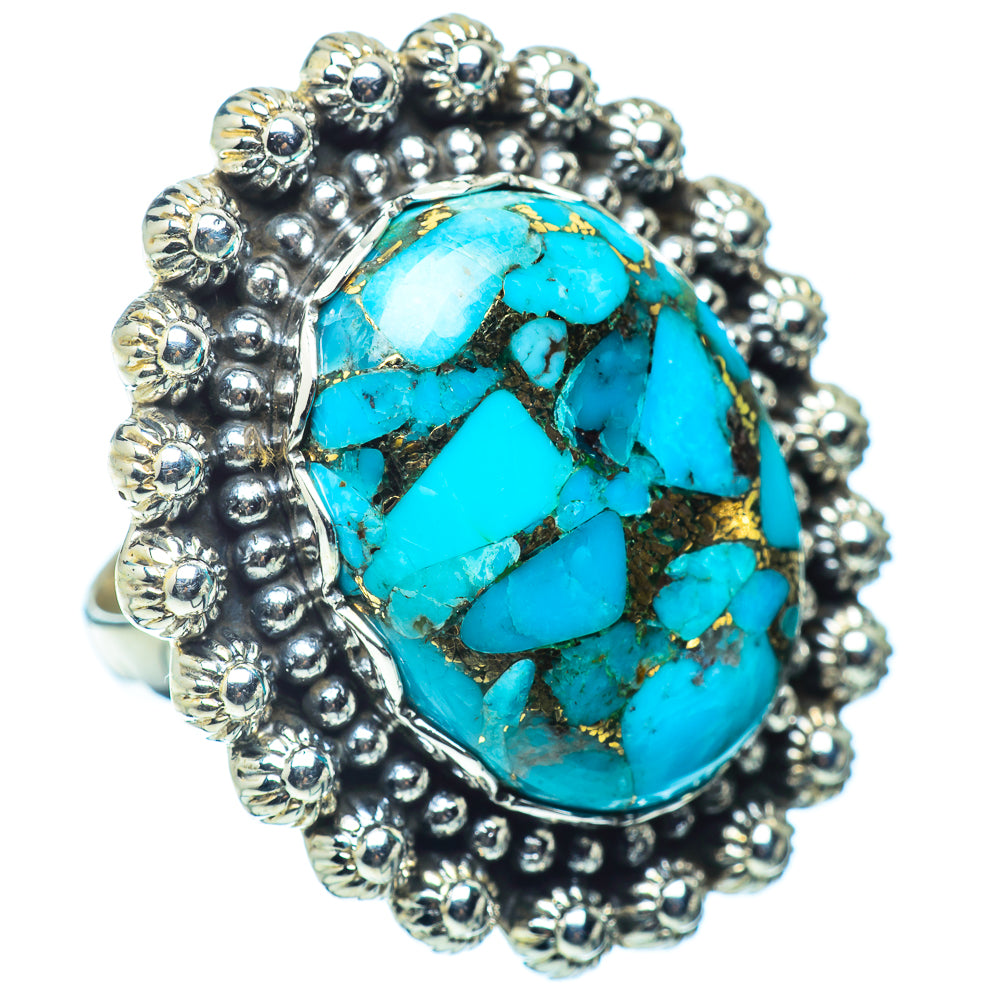 Sterling silver ring with oval turquoise cabochon and beadwork bezel