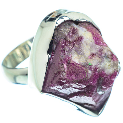 Sterling silver tourmaline ring showing marbled purple and pink rough stone
