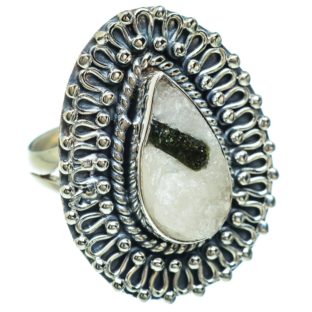 Sterling silver ring with oval quartz bed, green tourmaline stone, bezel and bead rim