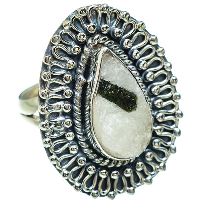 Sterling silver ring with oval quartz bed, green tourmaline stone, bezel and bead rim