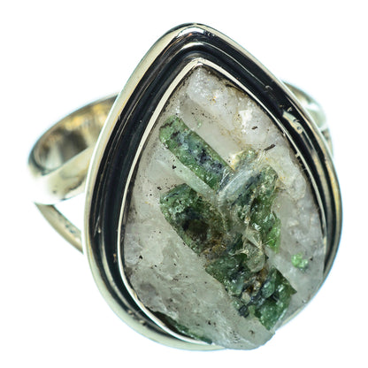 Teardrop quartz ring with green tourmaline in sterling silver bezel setting