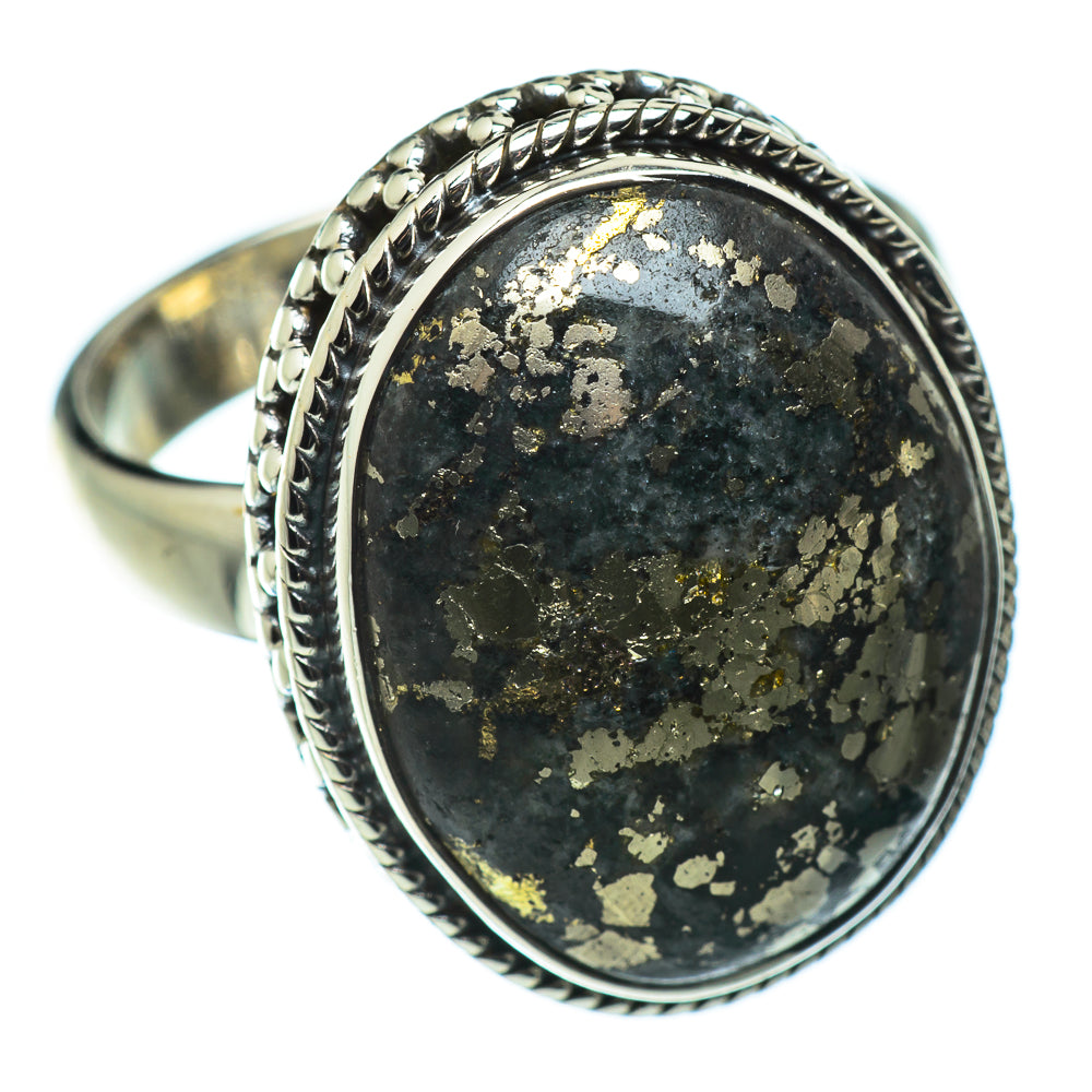 Oval dark stone ring with gold flecks and rope-edge sterling silver setting, size 7