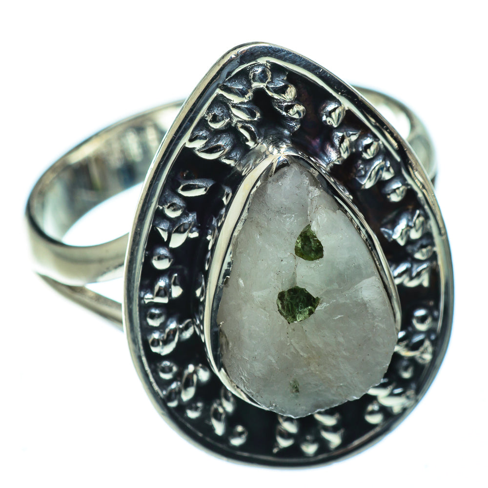 Sterling silver ring with oval gray quartz center and green tourmaline specks