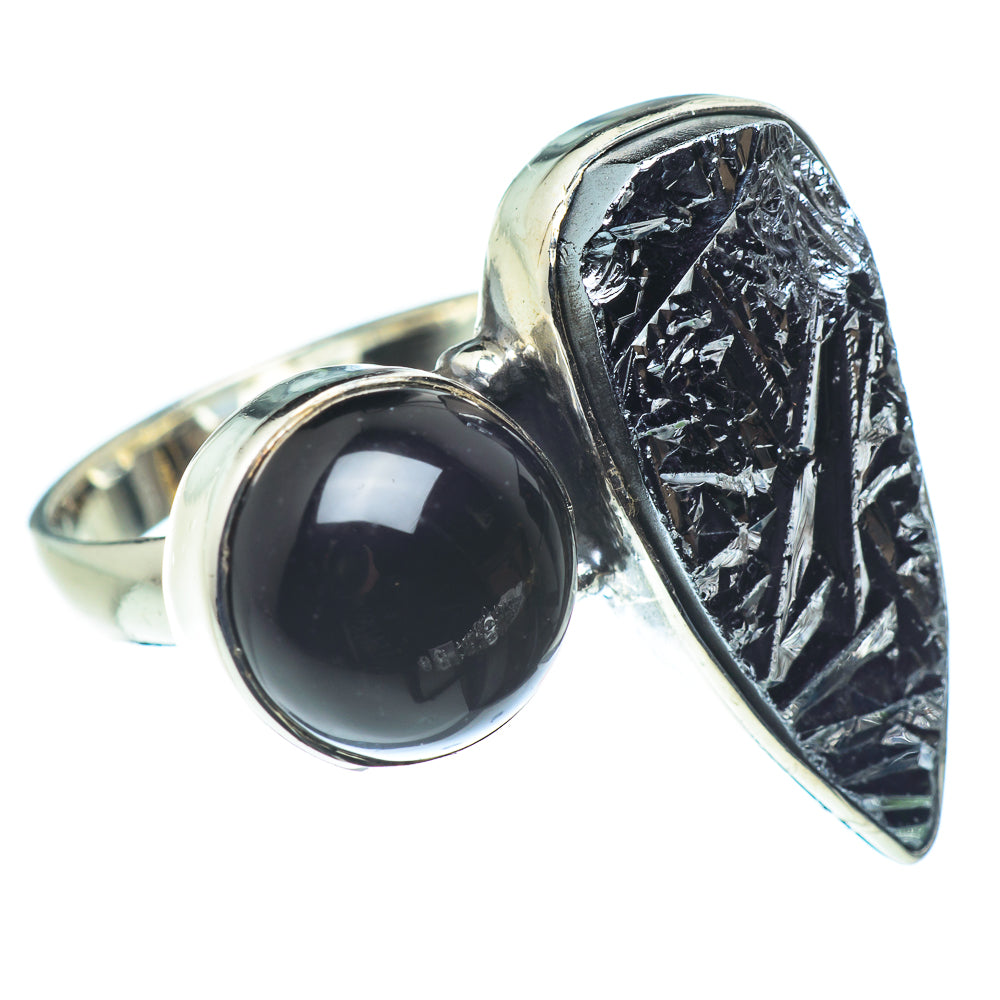 Sterling silver ring with round black onyx and raised triangular black stone setting