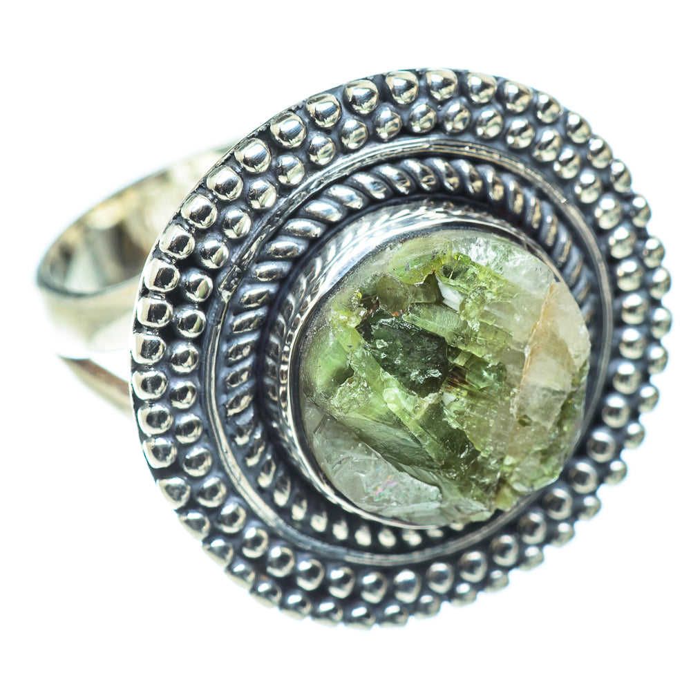 Sterling silver ring with oval green quartz gemstone, textured beadwork frame and scroll engraving