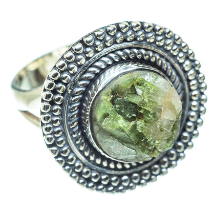 Sterling silver ring with oval green quartz gemstone, textured beadwork frame and scroll engraving