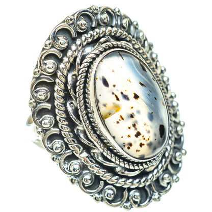 Sterling silver oval agate ring with ornate beadwork and bordered cabochon