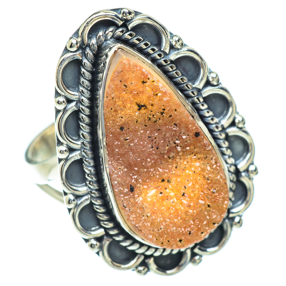 Orange druzy pear-shaped ring in ornate 925 sterling silver openwork frame