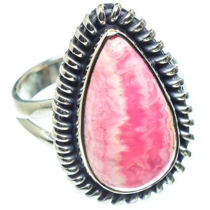 Sterling silver teardrop ring with pink rhodochrosite cabochon centerpiece
