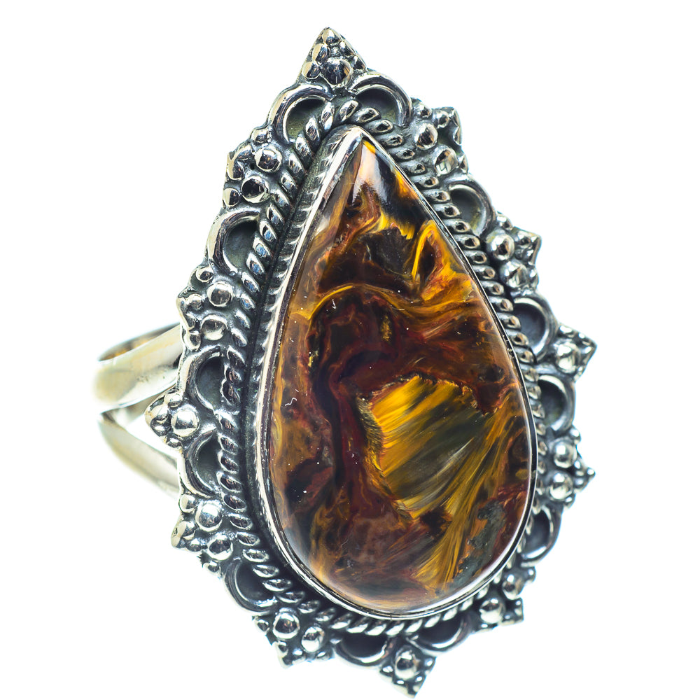 Sterling silver pietersite ring with large teardrop amber-gold gemstone setting