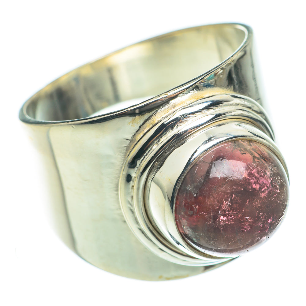 Sterling silver ring with round pink tourmaline-style cabochon, ribbed bezel setting