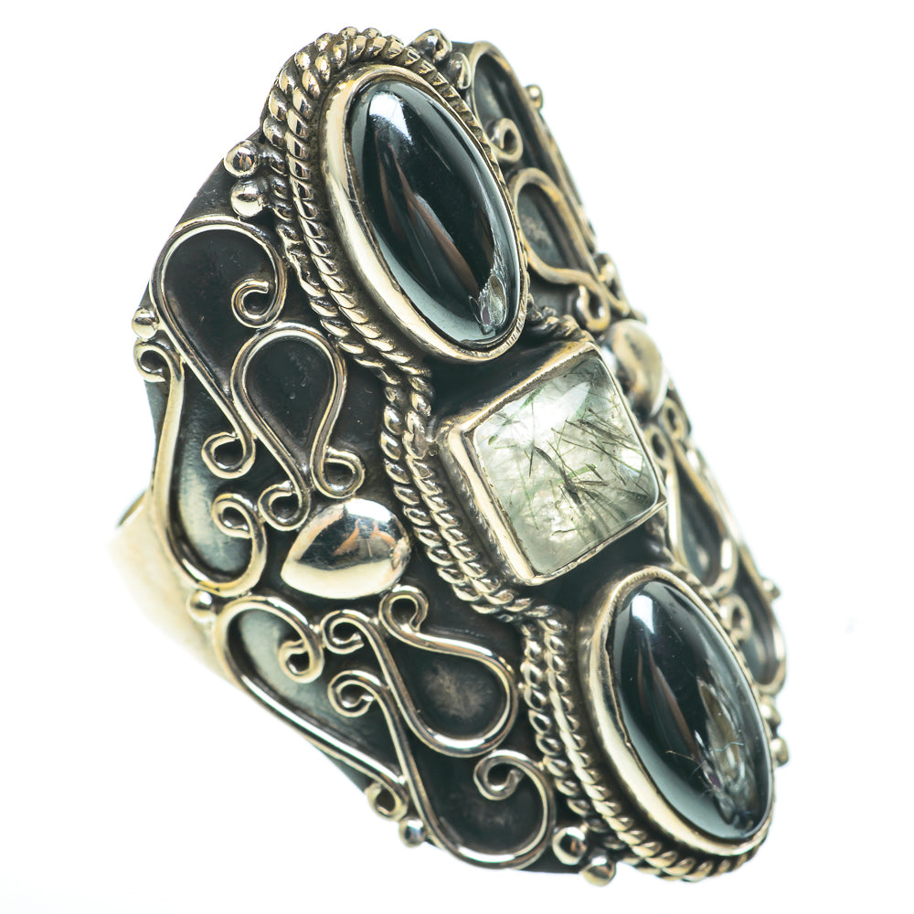 Sterling silver ring with dark oval hematite cabochons and square green quartz center