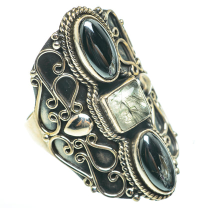 Sterling silver ring with dark oval hematite cabochons and square green quartz center
