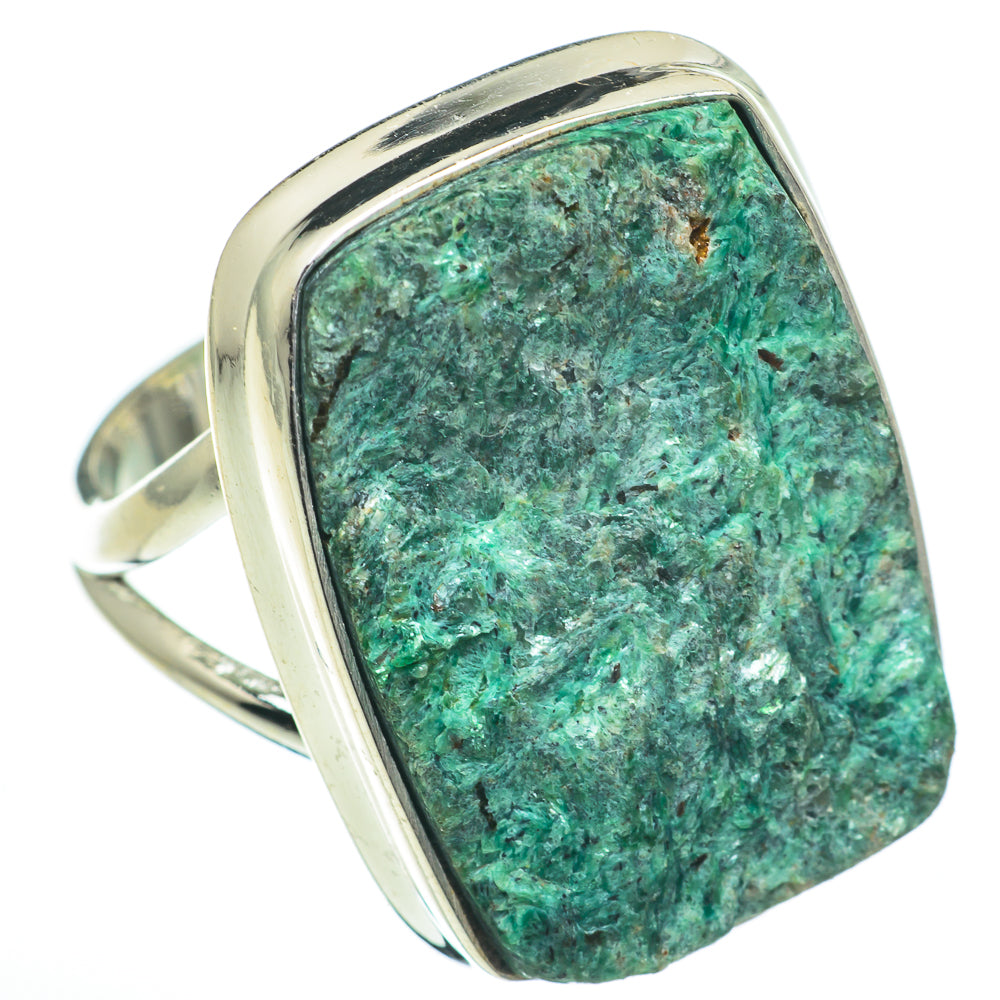 Sterling silver ring with green fuchsite rectangular bezel gemstone