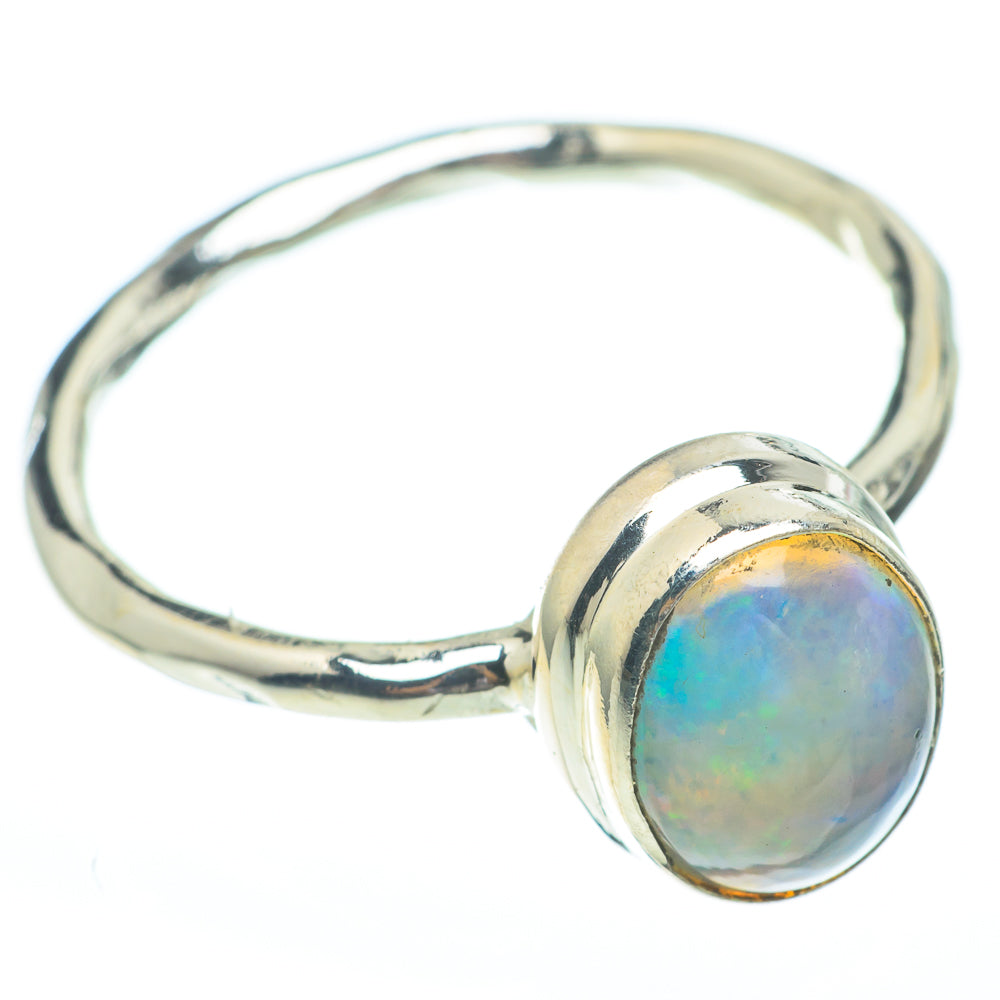 925 sterling silver ring with round opal cabochon, blue-green iridescence