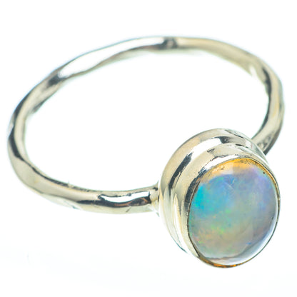 925 sterling silver ring with round opal cabochon, blue-green iridescence