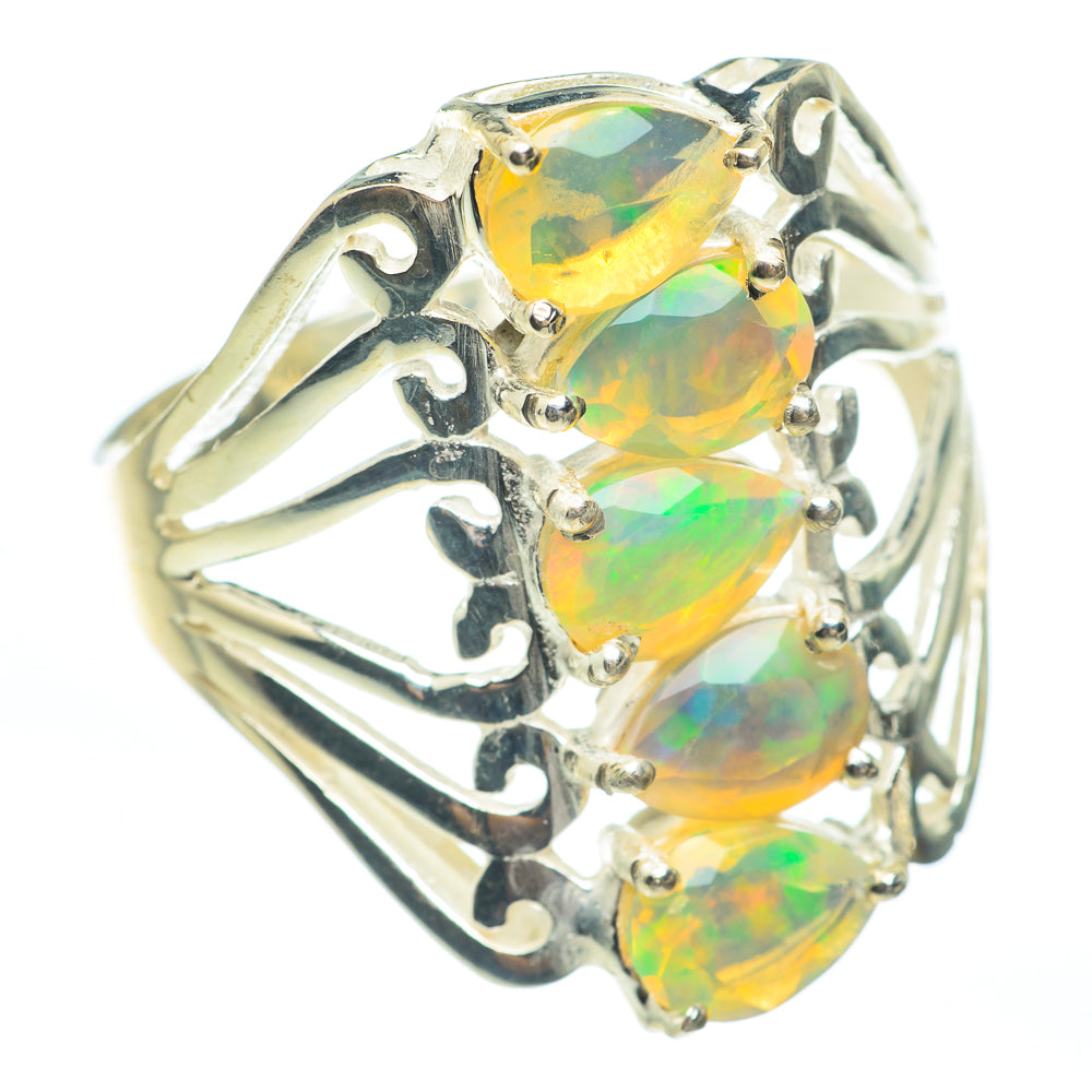 Sterling silver ring with three faceted Ethiopian opal stones, ornate prong design