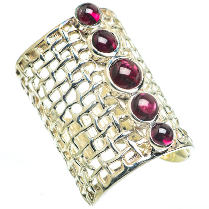 Sterling silver lattice ring with four round red garnet stones, size 7.5