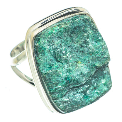 Green fuchsite ring, square bezel sterling silver with textured green gemstone