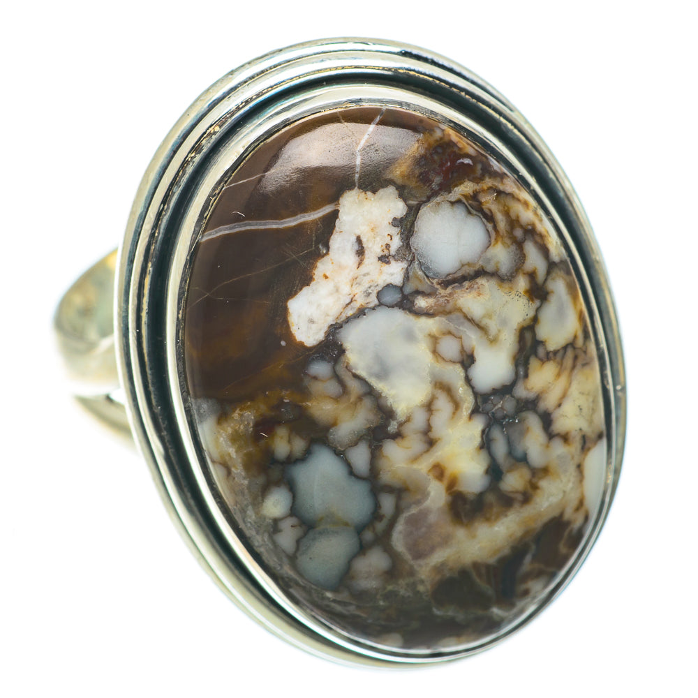 Sterling silver oval jasper ring with white, tan, and gray marbled stone