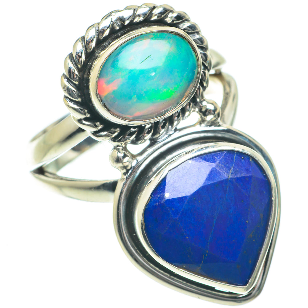 925 sterling silver ring with oval opal and blue lapis lazuli pear-shaped stone