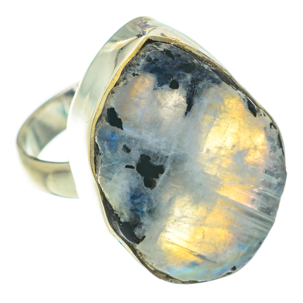 Oval moonstone ring showing blue and gold iridescence in a 925 sterling silver bezel