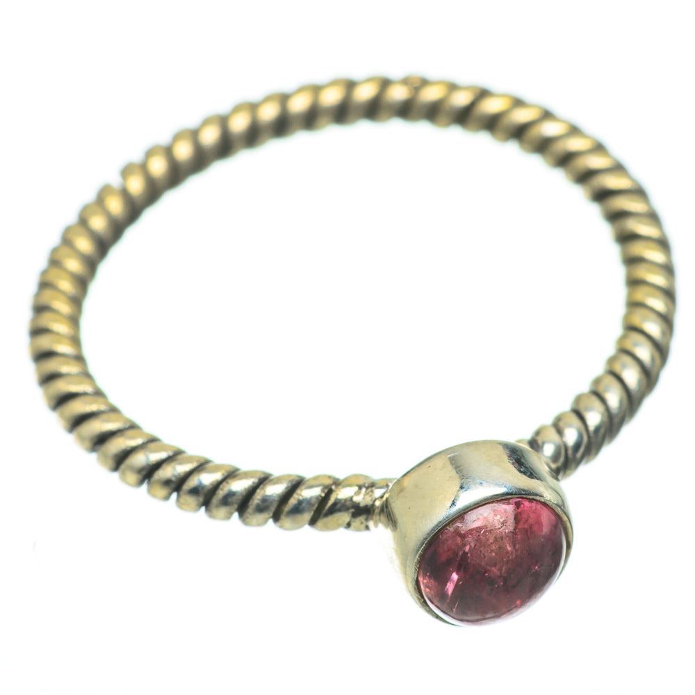 Pink tourmaline ring with twisted silver bead band and round bezel gemstone