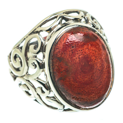 Large sponge coral ring, red oval stone with scrolling filigree bezel in 925 silver