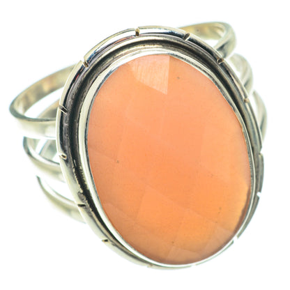 Sterling silver oval peach moonstone ring with raised bezel setting, size 9.5