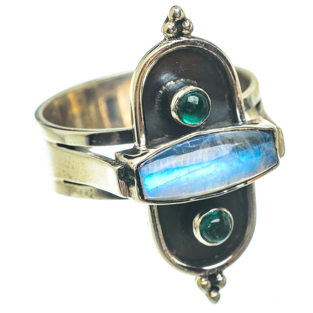 Rainbow Moonstone, Green Tourmaline Rings handcrafted by Ana Silver Co - RING64831