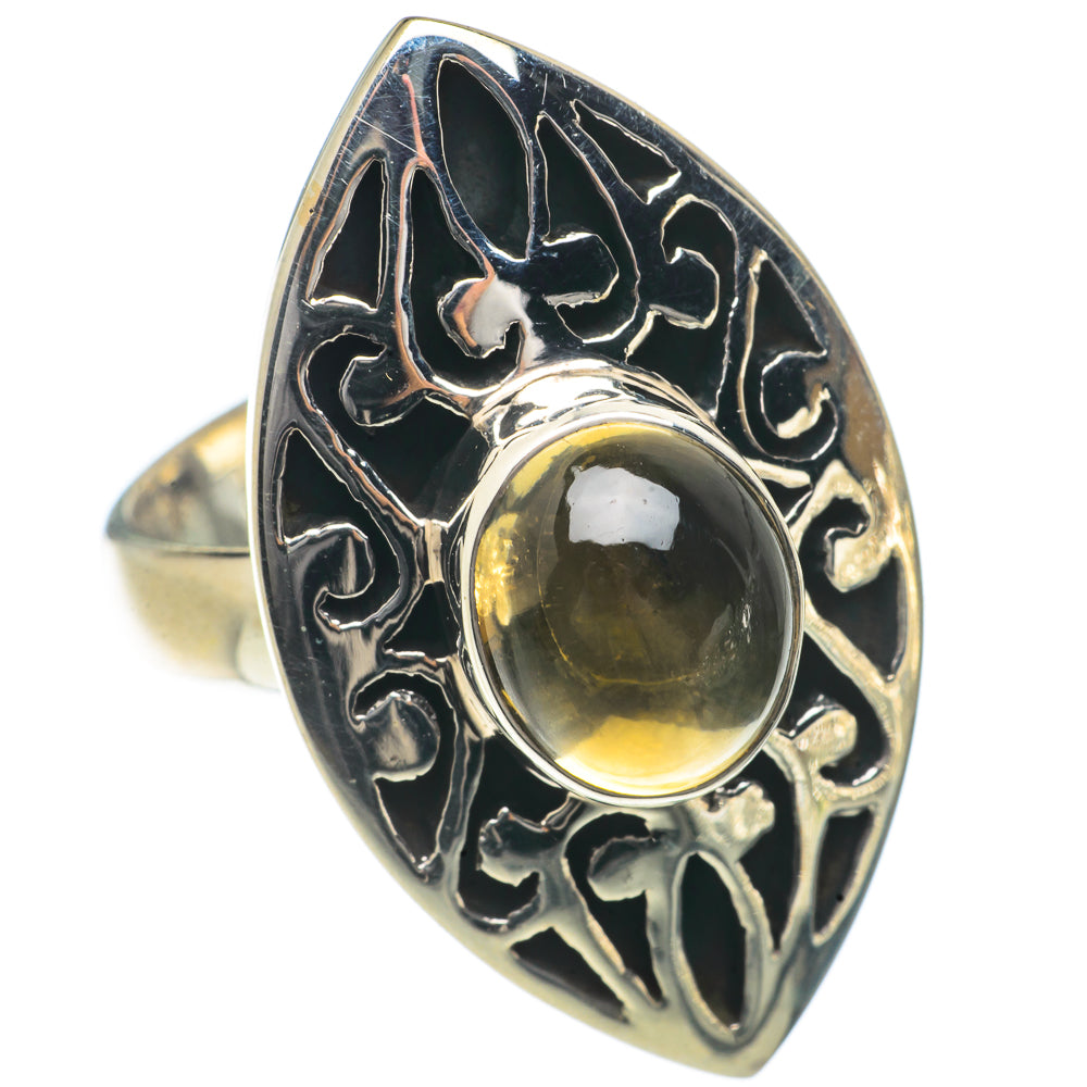 Oval yellow citrine gemstone ring in ornate black rhodium silver, size 7.25